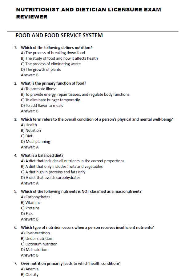Nutritionists-Dietitians Licensure Exam Reviewer