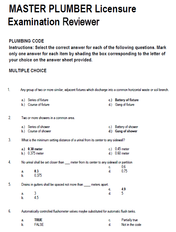 Master Plumber Licensure Exam Reviewer