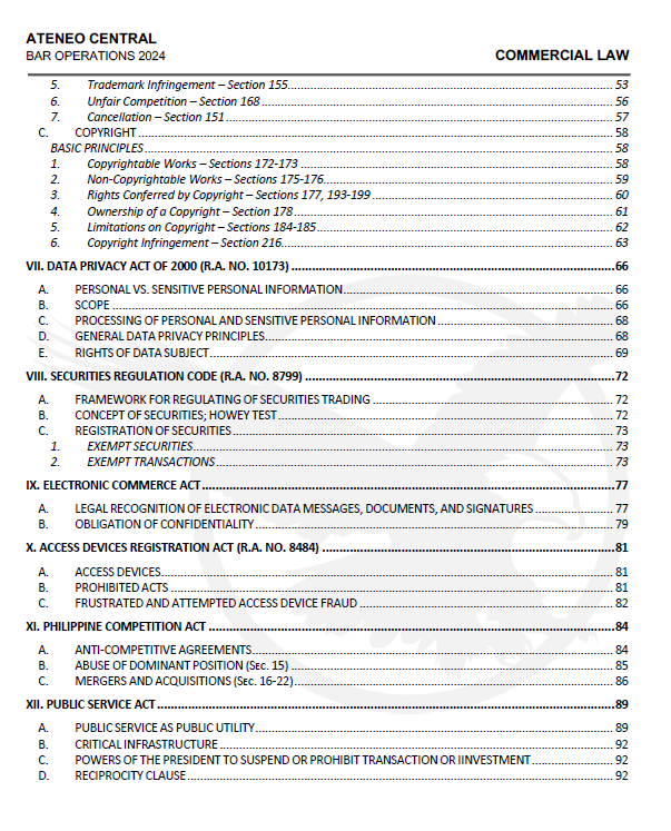 Reviewer Ateneo Blue Notes 2024 - COMMERCIAL LAW Bar Exam Reviewer