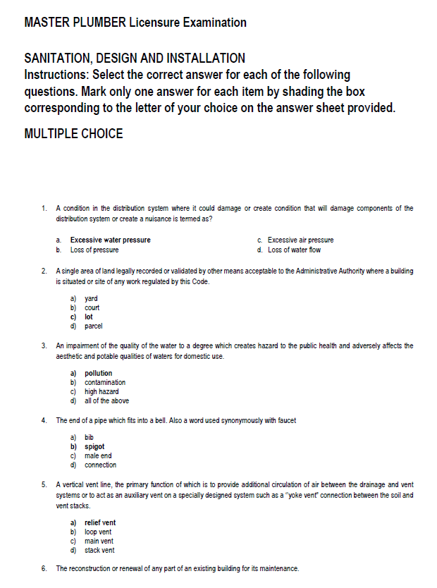 Master Plumber Licensure  Exam Reviewer